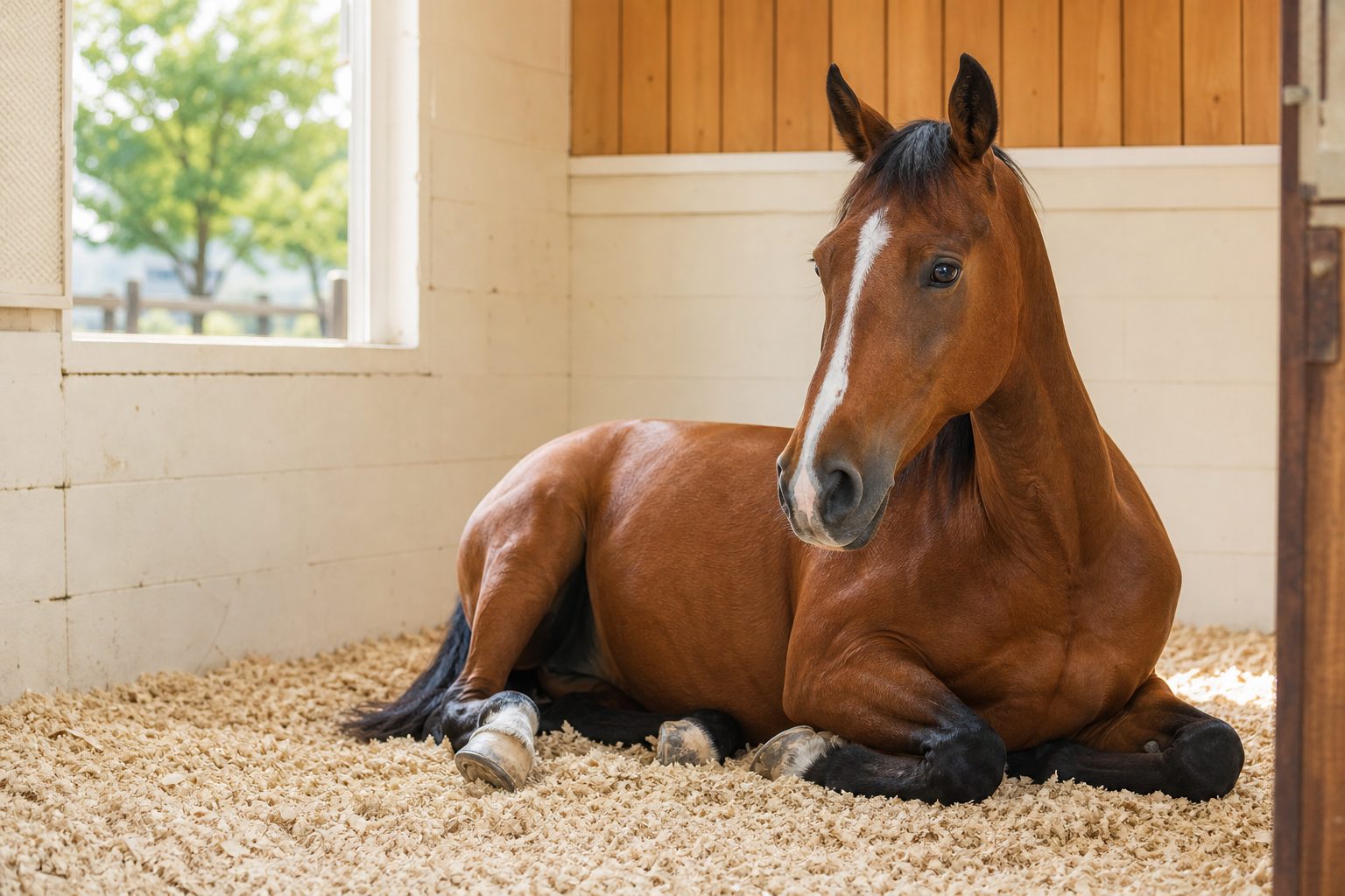 Bay school horse standing calmly in a bright stall with fresh shavings and morning light