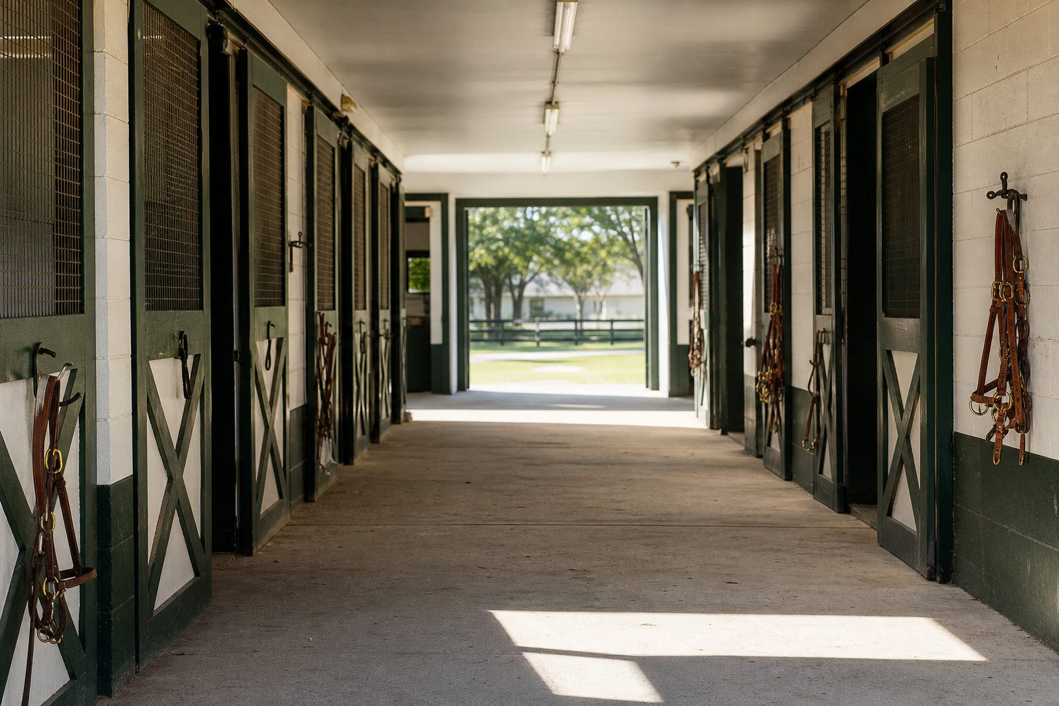 Sunlit lesson barn aisle with cross ties and leather halters hanging on hooks