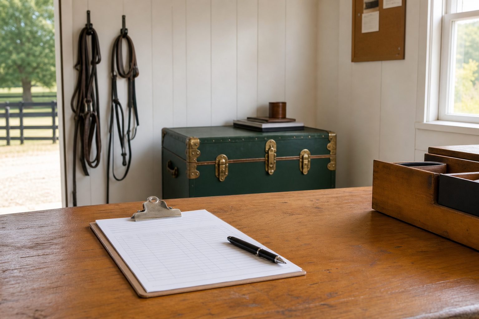 Clipboard and pen on a sunlit barn office desk with a tack trunk behind