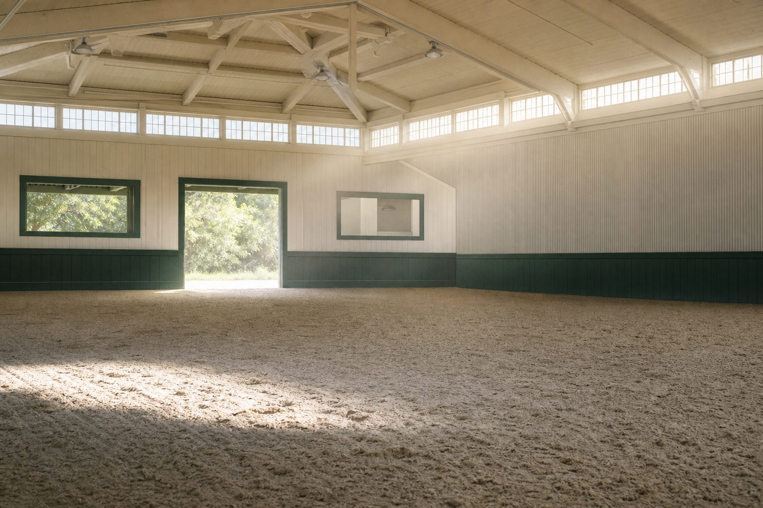 Empty indoor riding arena lit by bright natural light through high windows