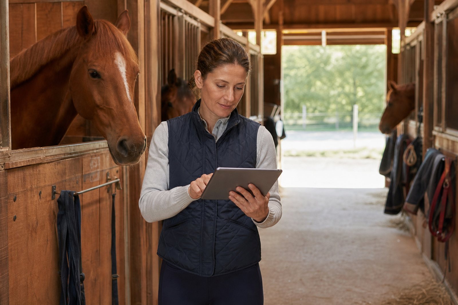 Riding school owner checking the day's lesson schedule on a tablet in a stable aisle while horses look over their stall doors
