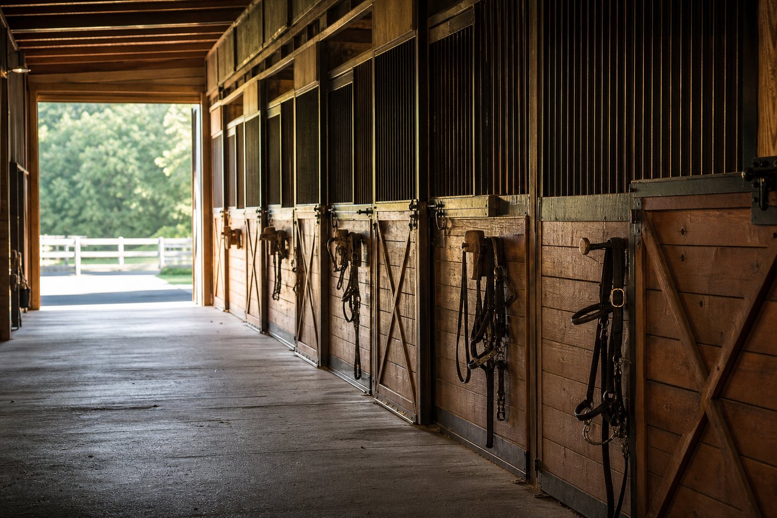 Tidy stable aisle with wooden stall doors and bridles hanging on hooks, lit by warm daylight from the barn entrance